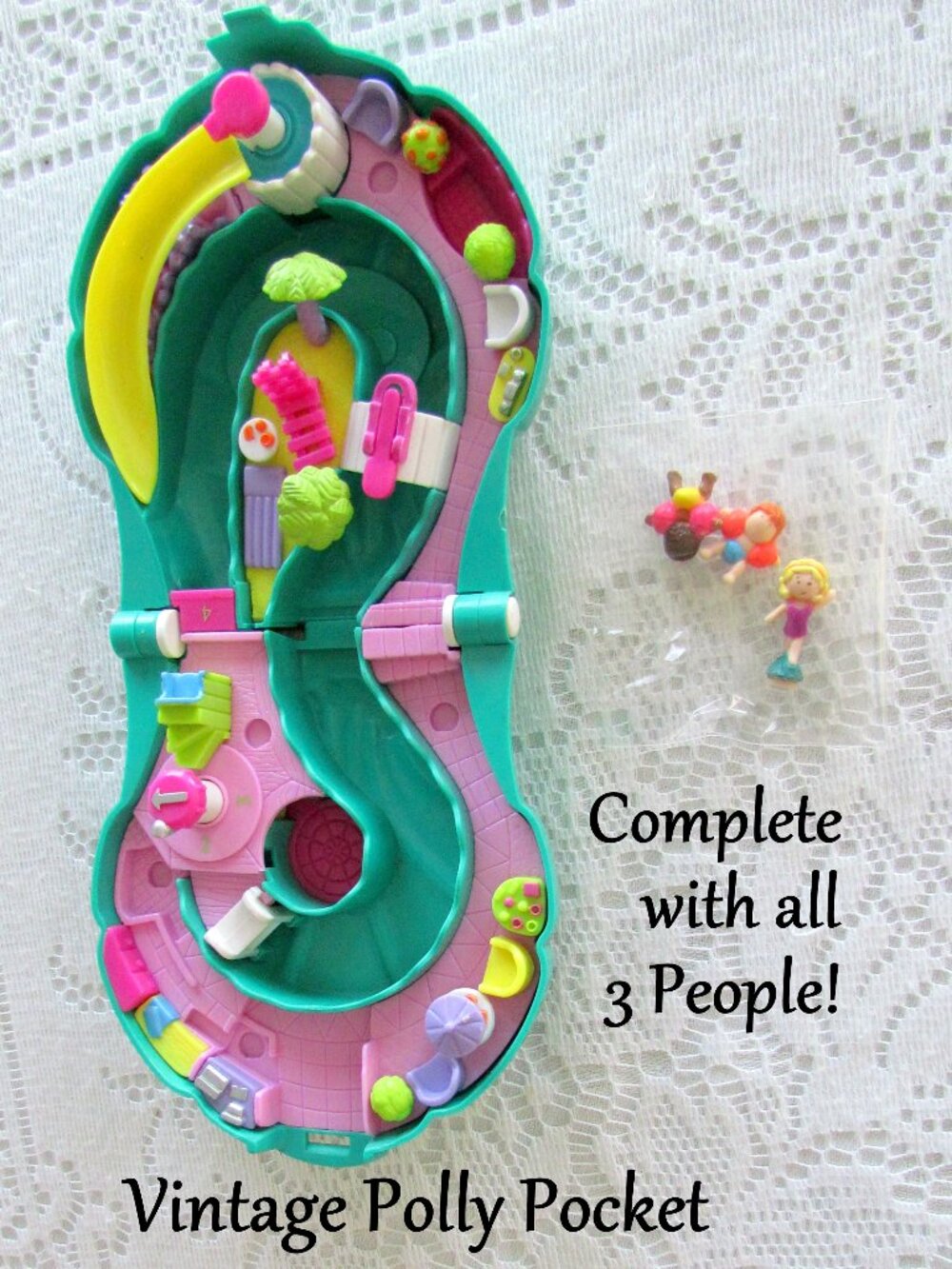 POLLY POCKET SPLASH & SLIDE, VINTAGE w 3 ORIGINAL PEOPLE, WATER PARK: USES WATER